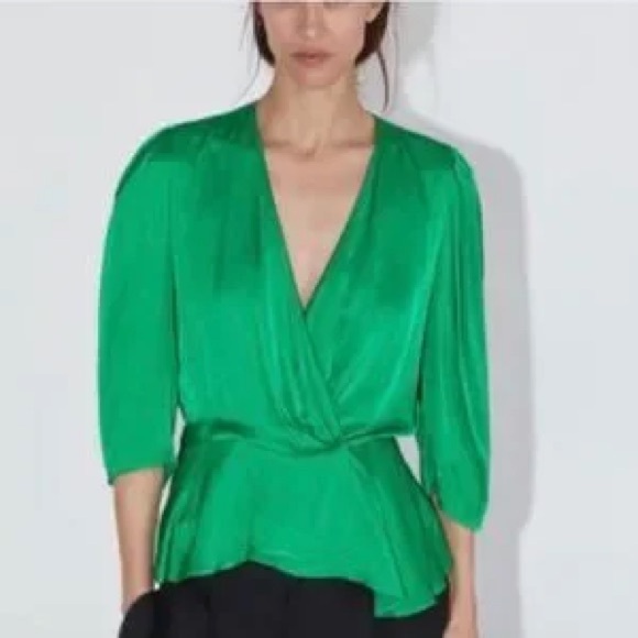 Zara satin wrap blouse emerald green Small EUC - Picture 3 of 5